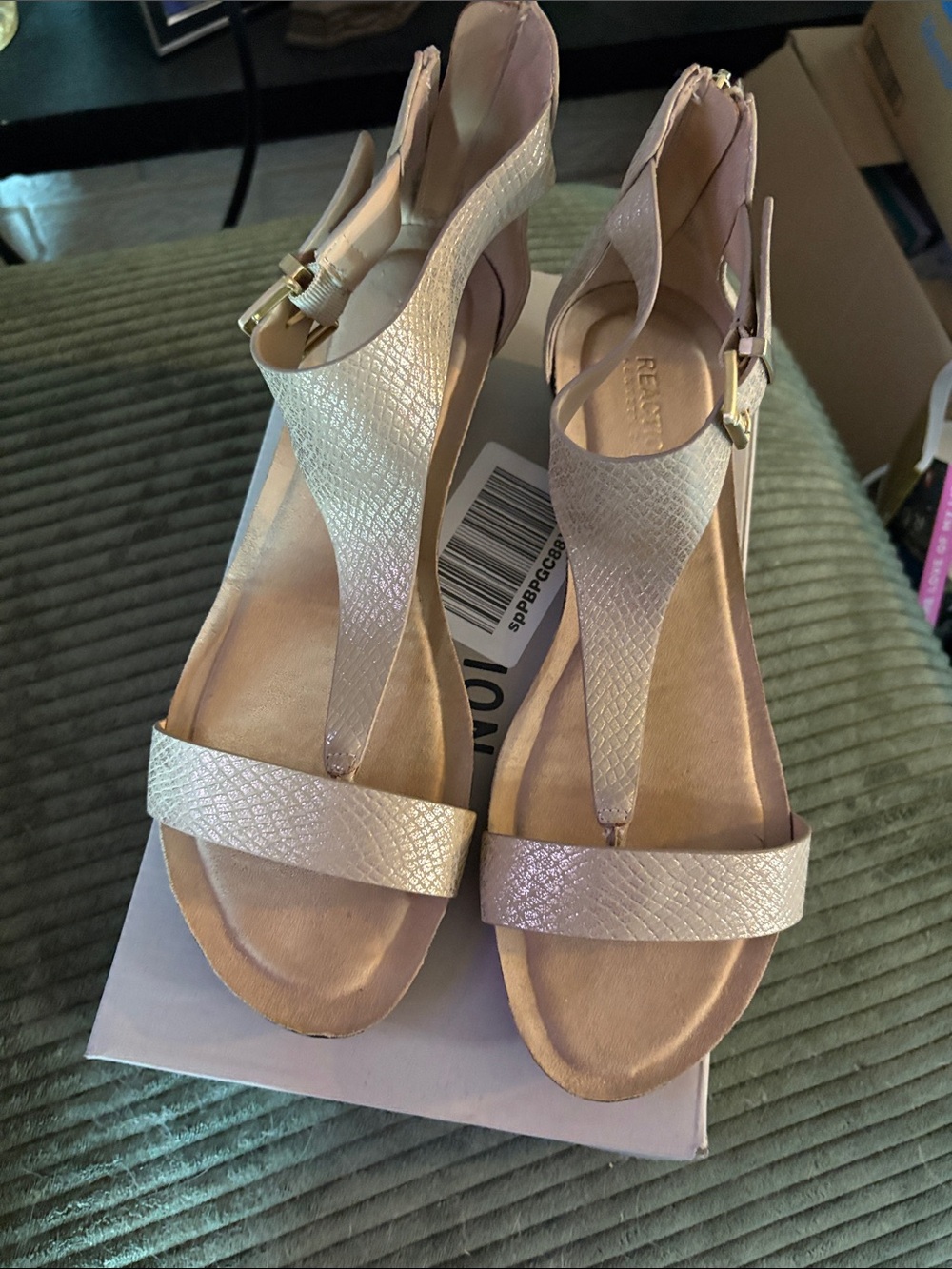 Wedge T-Strap Sandals in Light Beige by Reaction